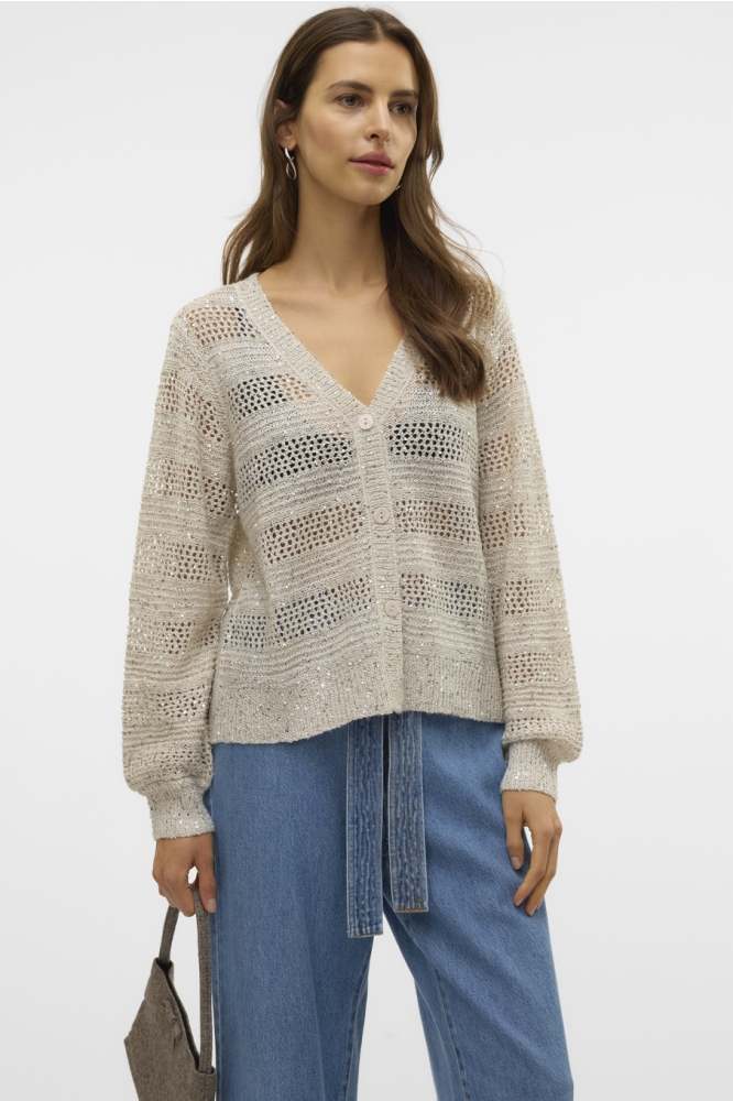 VMLEILANI STRIPE LS V-NECK CARDIGAN 10327775 Birch/W. SILVER